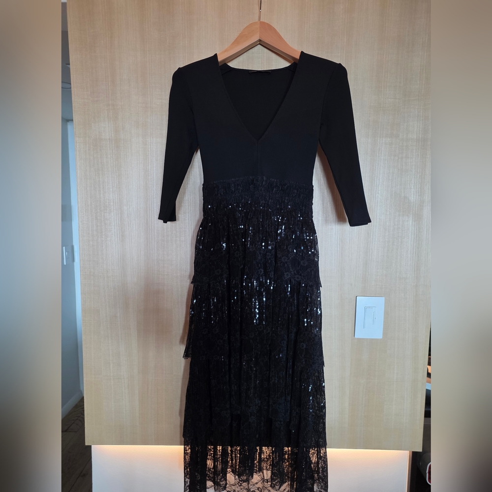 Maje Black V‑Neck Lace & Sequin Midi Dress